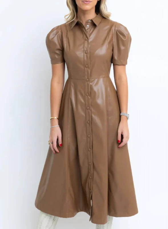 Fashion Frontiers Modern Glamour Midi Faux Leather Shirt Dress In Brown