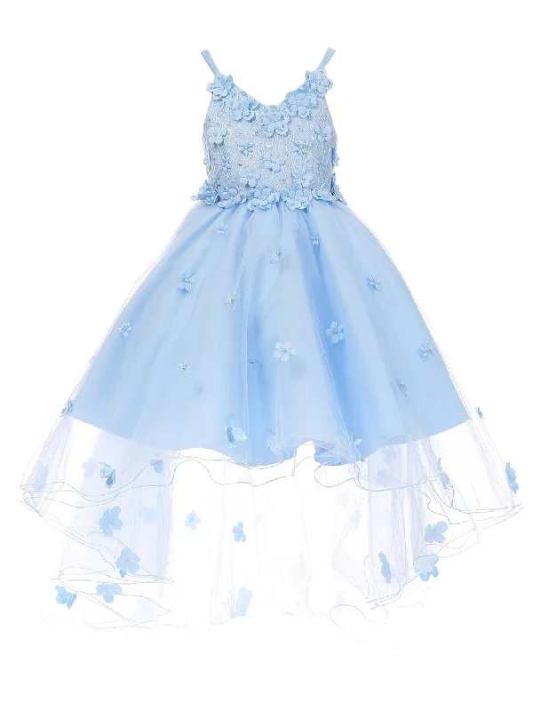 Save Big Floral Style Big Girls Blue 3D Flower Embedded High Low Tulle Junior Bridesmaid Dress 8-12