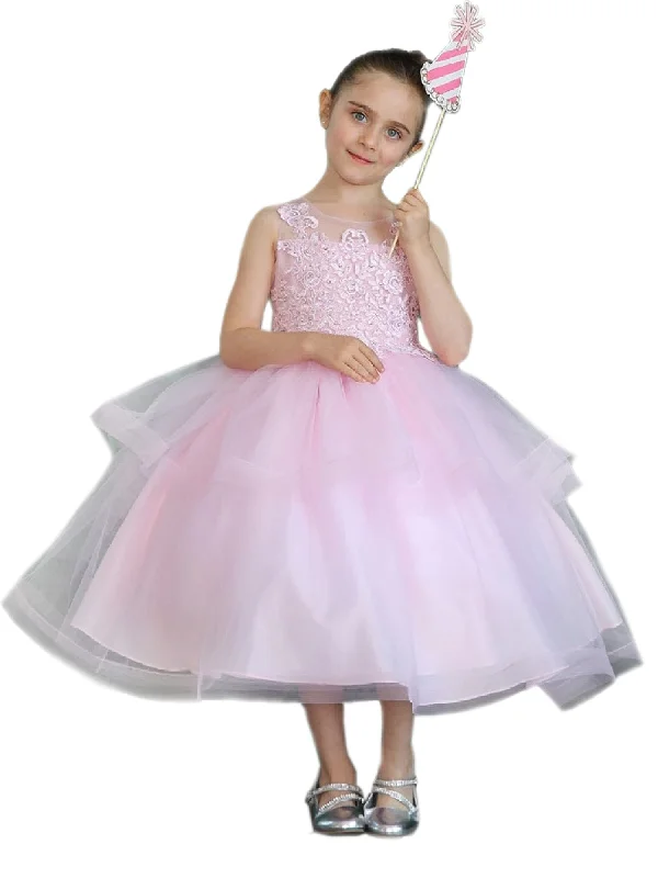 Modern Fashion Sale Romantic Flair Big Girls Blush Illusion Neckline Lace Organza Junior Bridesmaid Dress 8-16