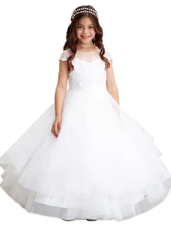 Trendy Looks On Sale Feminine Allure Big Girls White Illusion Neckline Horse Hair Junior Bridesmaid Dress 8-16