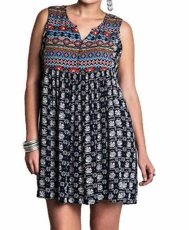 Luxe Style Discounts Effortless Grace Sleeveless Printed Peasant Dress In Navy Mix