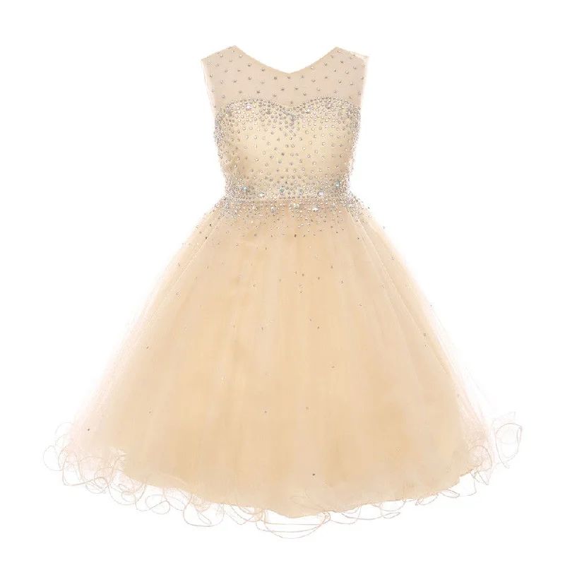 Limited-Time Offer Charming Silhouette Big Girls Champagne AB Rhinestone Illusion Party Junior Bridesmaid Dress 8-16