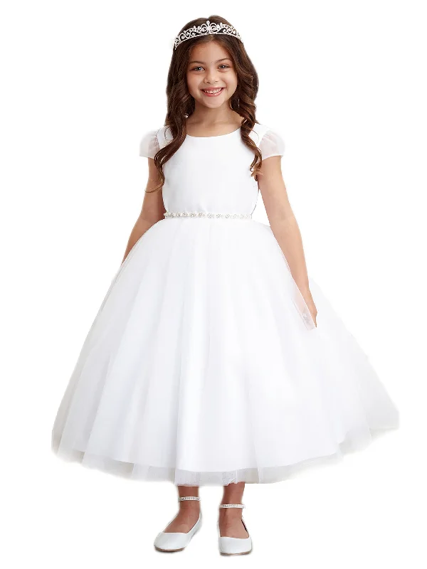 Seasonal Trends Sophisticated Cut Big Girls White Tulle Cape Sleeve Rhinestone Belt Junior Bridesmaid Dress 8-16