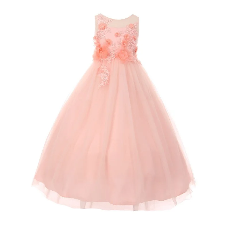 Premium Style Summer Fashion Big Girls Blush 3D Flower Adorned Tulle Illusion Junior Bridesmaid Dress 8-16