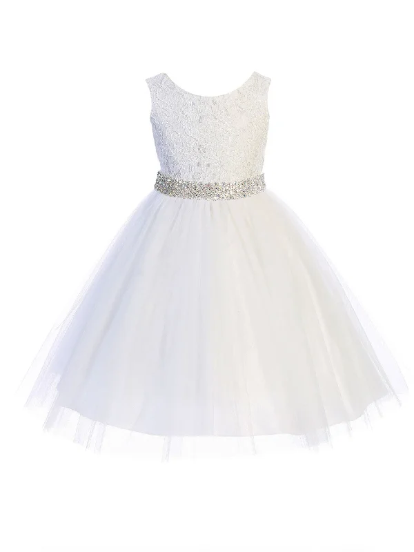 Sophisticated Fashion Seasonal Trend Big Girls White Lace Thick Crystal Belt Junior Bridesmaid Dress 8-14