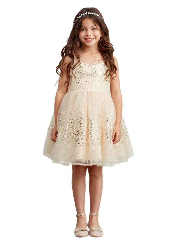 Chic Style Discounts Flowing Silhouette Big Girls Gold Spaghetti Strap Sequin Tulle Junior Bridesmaid Dress 8-12