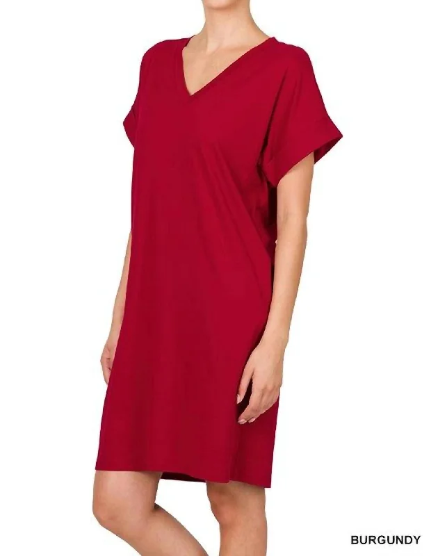 Unleash Your Fashion Flowing Silhouette Blake V-Neck T-Shirt Dress In Dark Burgundy