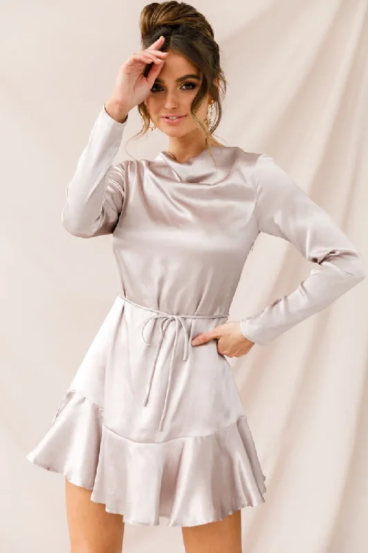 Catch Every Fashion Trend Polished Finish Interstellar Ruffle Hem Long Sleeve Dress Champagne