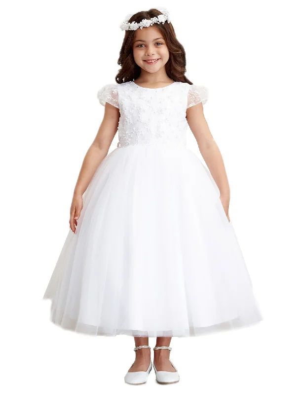 Day-To-Night Styles Feminine Grace Big Girls White Lace Tulle Cape Sleeve Junior Bridesmaid Dress 8-16